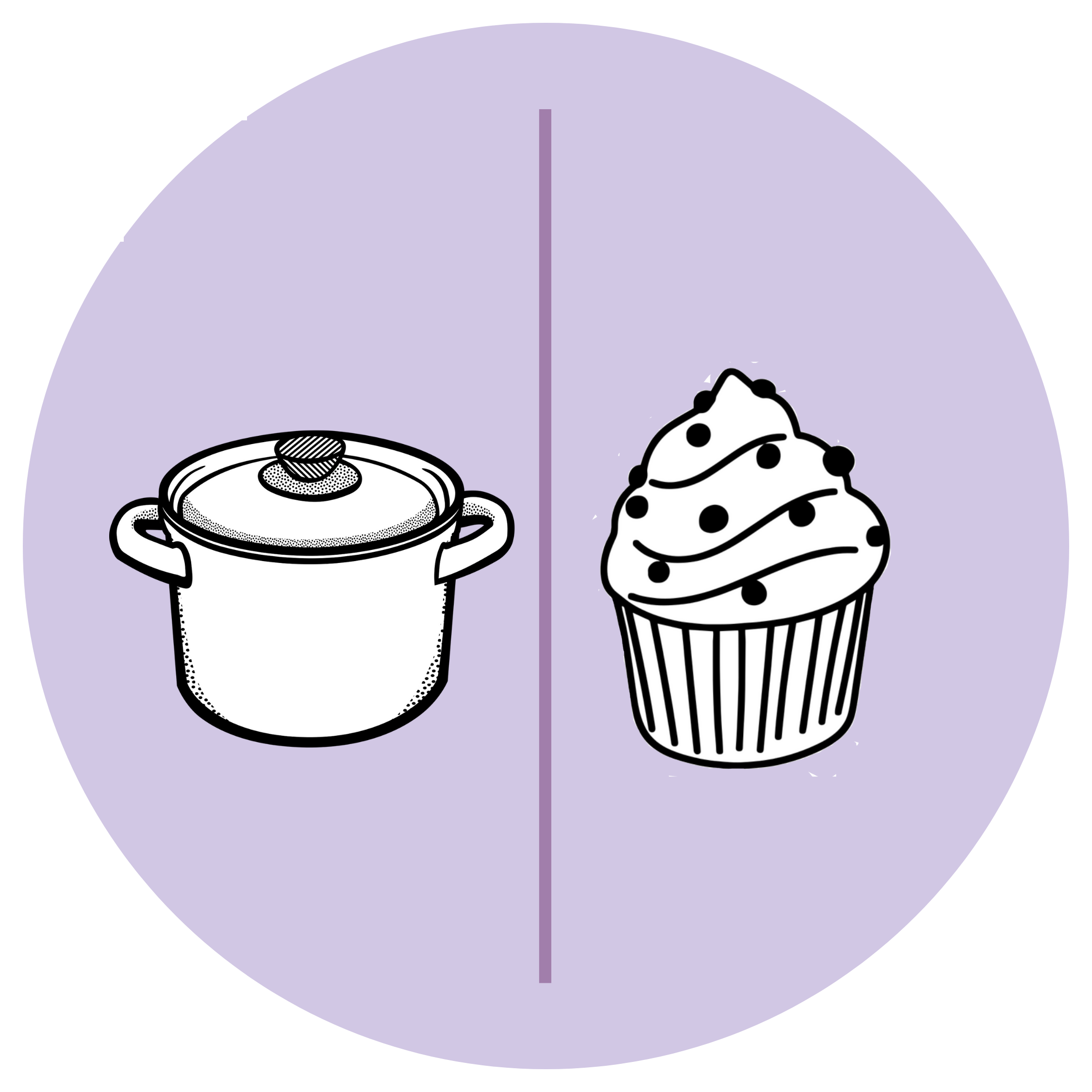 Lila Kreis, darauf weißer Kochtopf als Zeichnung und weißer Cupcake als Zeichnung